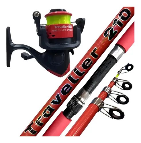 Combo Conjunto De Pesca Compacto Traveller 210m Con Reel Rojo
