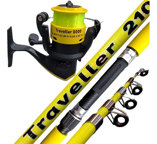 Combo Conjunto De Pesca Compacto Traveller 210m Con Reel Amarillo
