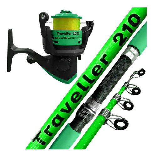 Combo Conjunto De Pesca Compacto Traveller 210m Con Reel Verde