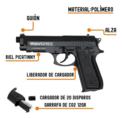 Pistola P92 4,5mm Polimero Corredera Fija Combo Laser Rbn Negro 4.5 Mm - 3
