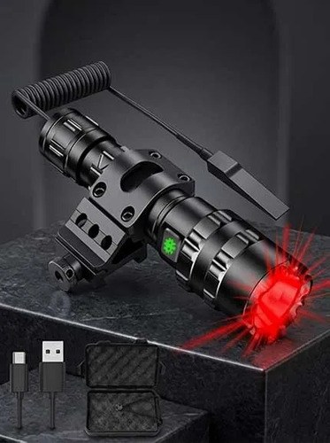 Linterna Táctica Led Rojo Recargable Con Riel Y Pulsador Rojo Negro