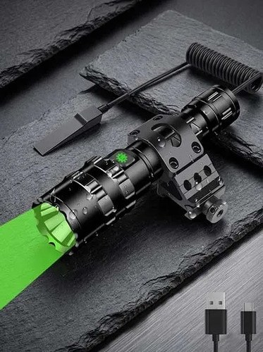 Linterna Táctica Led Verde Recargable Con Riel Y Pulsador Verde Negro