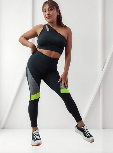 Calza Capri Pescadora Jp Sport Para Mujer Calce Ideal Negro Con Verde Fluo S