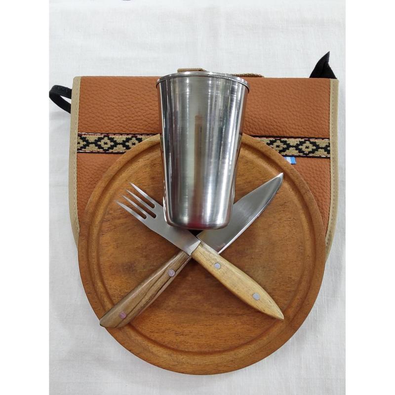 Juego De Asado Cuchillo Tenedor Vaso Estuche Cuero