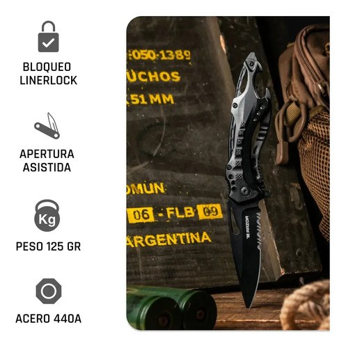 Navaja Táctica Negra Militar De Rescate Pesca Defensa Shark Negro - 5