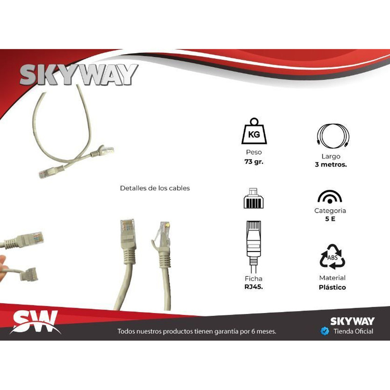 Cable De Red UTP Categoria 5E (3 metros) Patch Cord - Fichas RJ45 - UTP3 - SKYWAY - 3/4