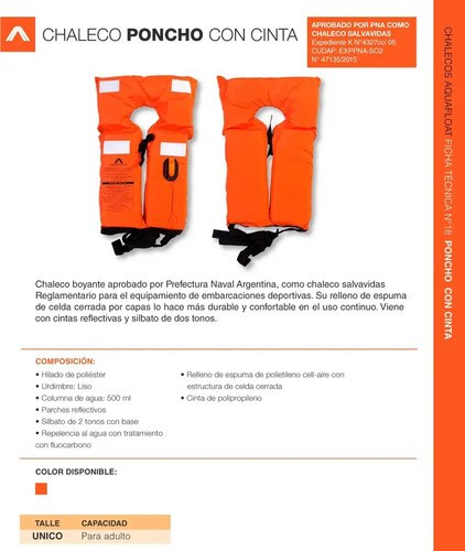 Chaleco Poncho Salvavidas Aquafloat Reglamentario P. N. A. Naranja Adulto - 5