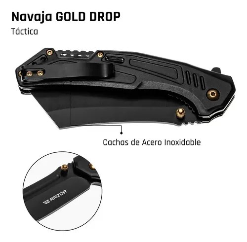 Navaja Táctica Supervivencia Razor Gold Drop Acero 440a Hoja Plegable Negro - 4