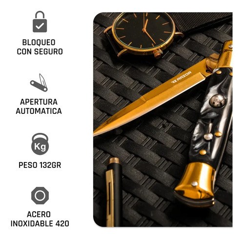 Navaja Estilete Italiano Automática Razor, Dorada, Con Mango De Resina Dorado - 5