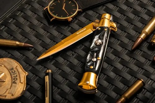 Navaja Estilete Italiano Automática Razor, Dorada, Con Mango De Resina Dorado - 6