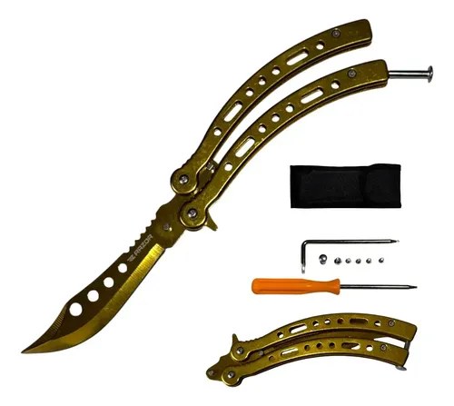 Navaja Mariposa Curva Razor Con Funda Y Repuestos Dorado - 6