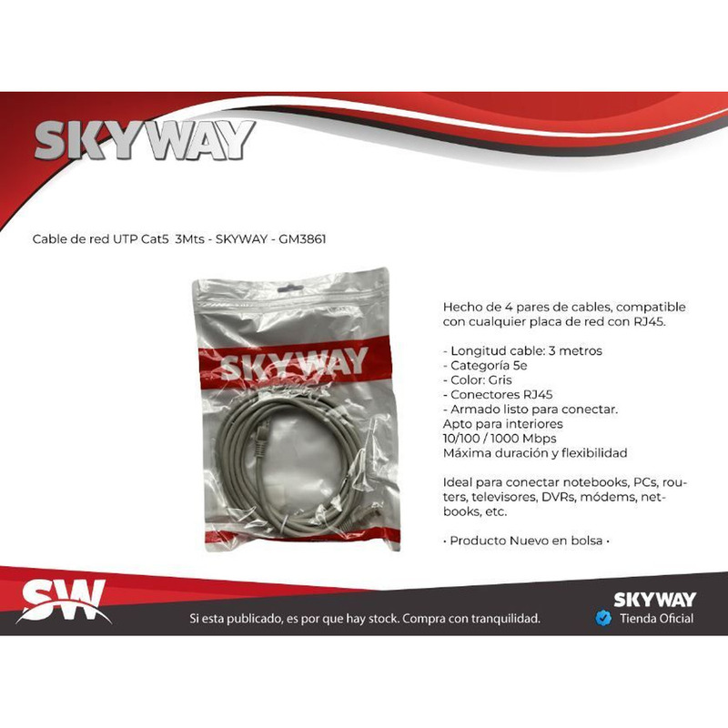 Cable De Red UTP Categoria 5E (3 metros) Patch Cord - Fichas RJ45 - UTP3 - SKYWAY - 4/4