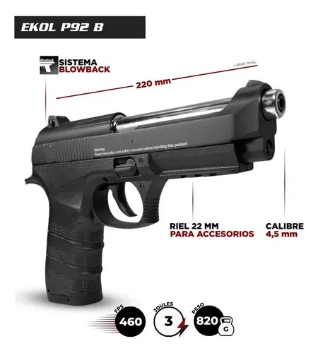 Pistola Ekol Esp 92 B Replica Beretta 92 Balines Garrafa Co2 Negro 4.5 Mm - 4
