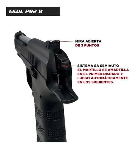 Pistola Ekol Esp 92 B Replica Beretta 92 Balines Garrafa Co2 Negro 4.5 Mm - 5