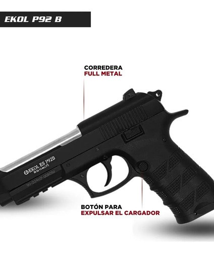 Pistola Ekol Esp 92 B Replica Beretta 92 Balines Garrafa Co2 Negro 4.5 Mm - 6