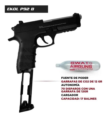 Pistola Ekol Esp 92 B Replica Beretta 92 Balines Garrafa Co2 Negro 4.5 Mm - 7