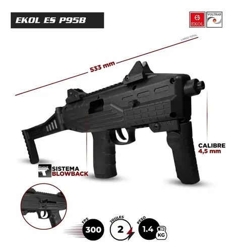 Pistola Co2 Ekol P95b 4.5mm Blowback Roni Culata Rebatible Negro 4.5 Mm - 4