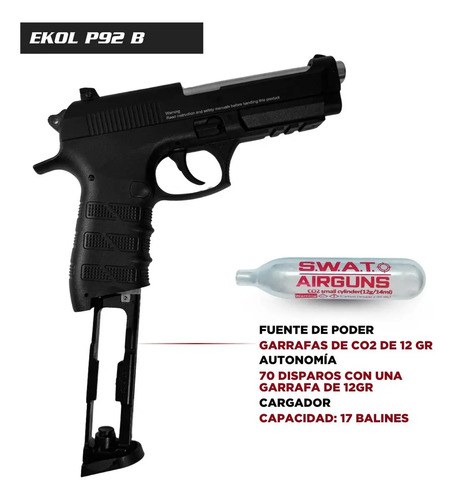 Pistola Co2 Ekol Esp 92 B Aire Comprimido Semiautomática Calibre 4.5mm Negro Black 4.5 Mm - 7