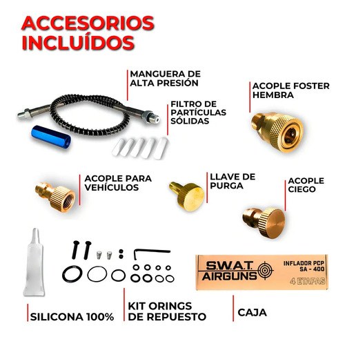 Inflador Pcp Manual Swat Airguns Sa-400 400 Bar 4 Etapas Con Manómetro Negro - 7