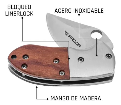 Mini Navaja Táctica De Bolsillo Plegable Cacha Madera Acero Plateado Y Madera - 4