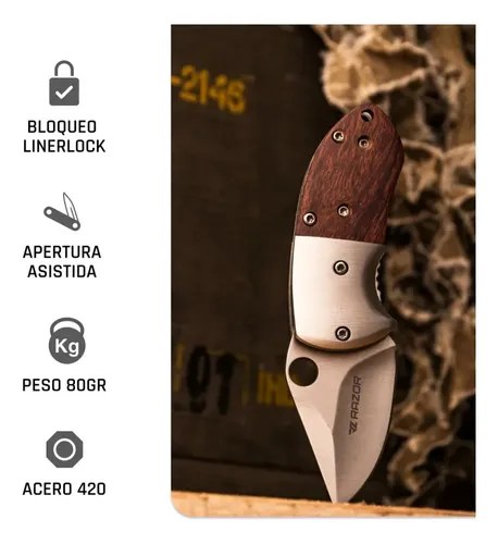 Mini Navaja Táctica De Bolsillo Plegable Cacha Madera Acero Plateado Y Madera - 5