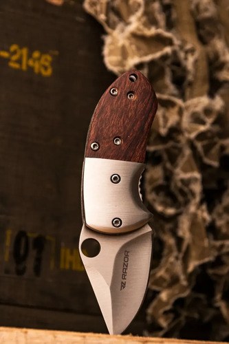 Mini Navaja Táctica De Bolsillo Plegable Cacha Madera Acero Plateado Y Madera - 6