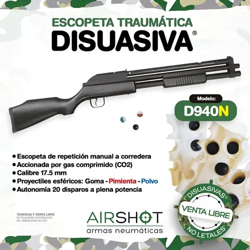 Escopeta Disuasiva Defensa Seguridad Postas De Goma Co2 Negro 17.5 Mm - 3
