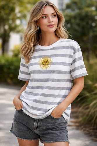 Remera De Argentina Sol De Mayo Rayas Finitas Colores Varios Gris Sol De Mayo Unico Bordado