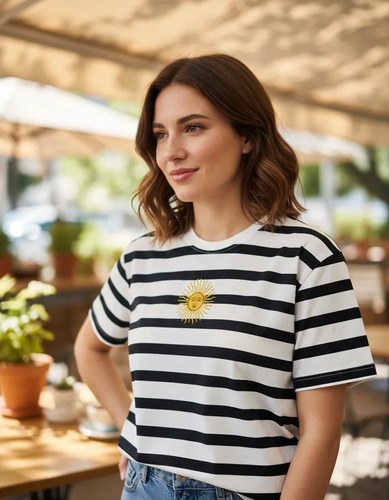 Remera De Argentina Sol De Mayo Rayas Finitas Colores Varios Negro Sol De Mayo Unico Bordado