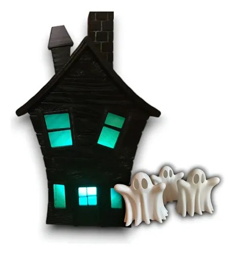 Lampara Casa Embrujada Rgb + 3 Fantasmas Impresion 3d Negro