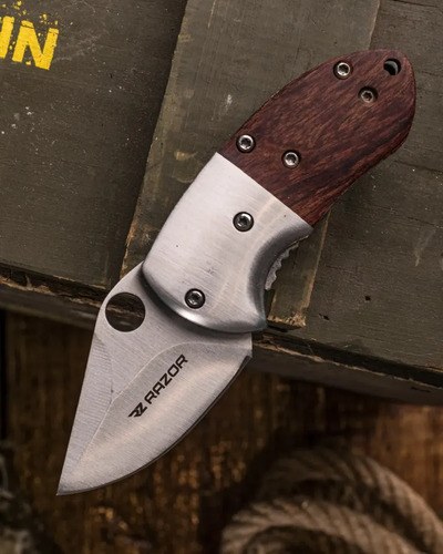 Navaja De Bolsillo Razor Mini Con Hoja Plegable Para Camping Y Pesca Plateado Y Madera