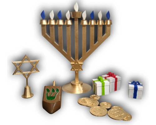 Set Decorativo Menorah + Dreidel + Monedas + Estrella + Rega Dorado