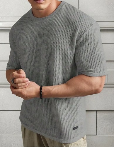 Remera Informal Tejido Gofre Corte Holgado Importada Gris Claro L Gofre
