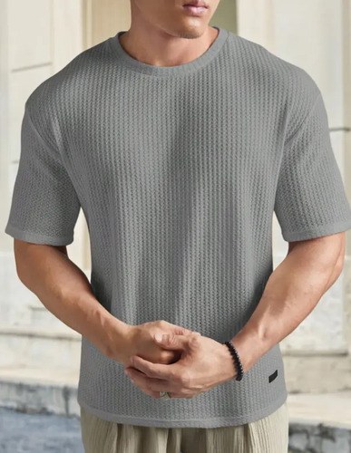 Remera Informal Tejido Gofre Corte Holgado Importada Gris Claro L Gofre - 3