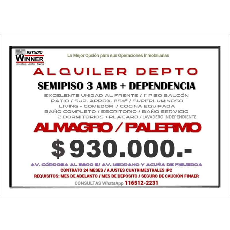 ALQUILER SEMIPISO 3 AMB + DEPENDENCIA + PATIO