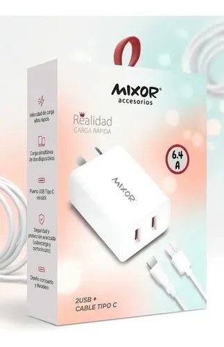 Cargador 6.4a - 2 Usb + Cable Usb A Tipo C- Carga Rápida Blanco - 3