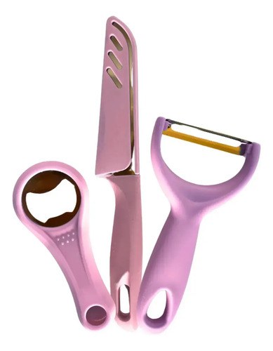 Set De Cuchillo, Destapador Y Pela Papas Rosa