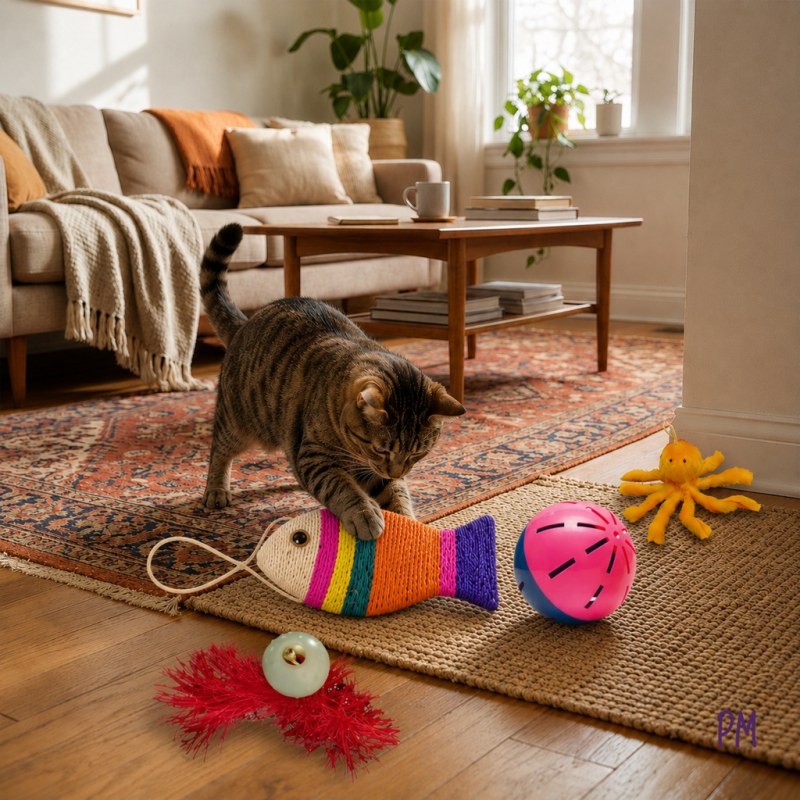 Combo de juguetes para gatos: pelota saltarina, pelota sonajero, pescadito rascador, pulpito de pelu
