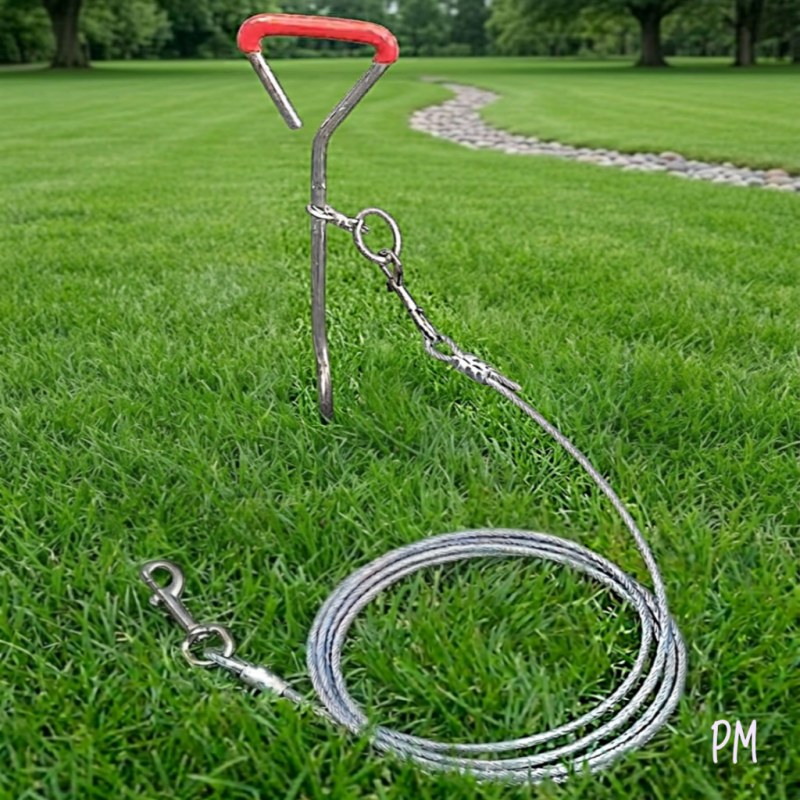 Combo estaca tirabuzón de acero + cable de atar de acero cubierto 5mm x 3 mts - 4