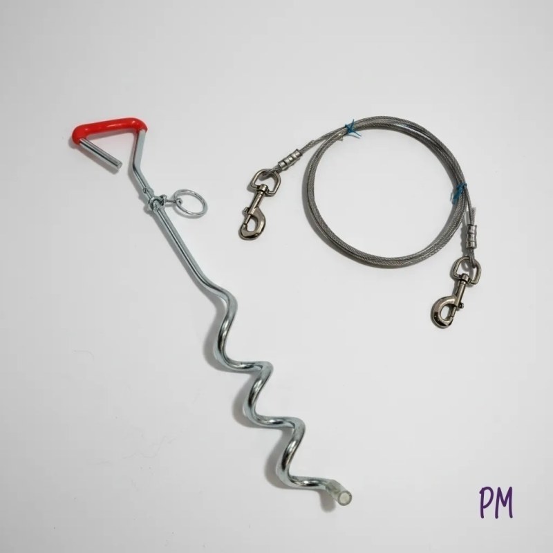 Combo estaca tirabuzón de acero + cable de atar de acero cubierto 5mm x 3 mts - 5