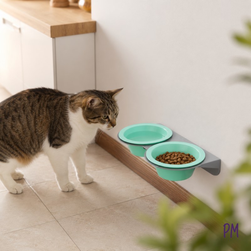 Comedero doble con soporte para amurar a la pared. Perros pequeños y gatos.