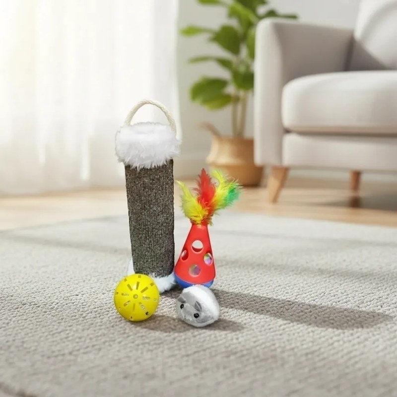 Set de juguetes para gatos: rascador, giroscopo, hámster a cuerda, pelota sonajero