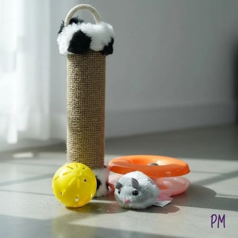Set de juguetes para gatos: rascador, pelota sonajero, donacat y hámster a cuerda.