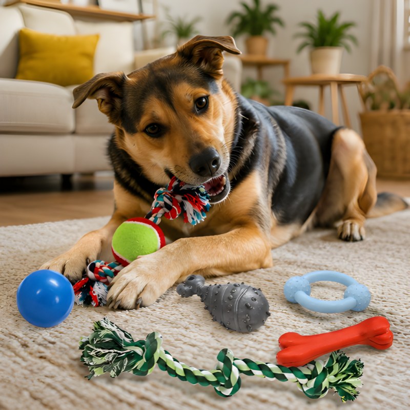 Set de juguetes para perros de tamaño mediano.