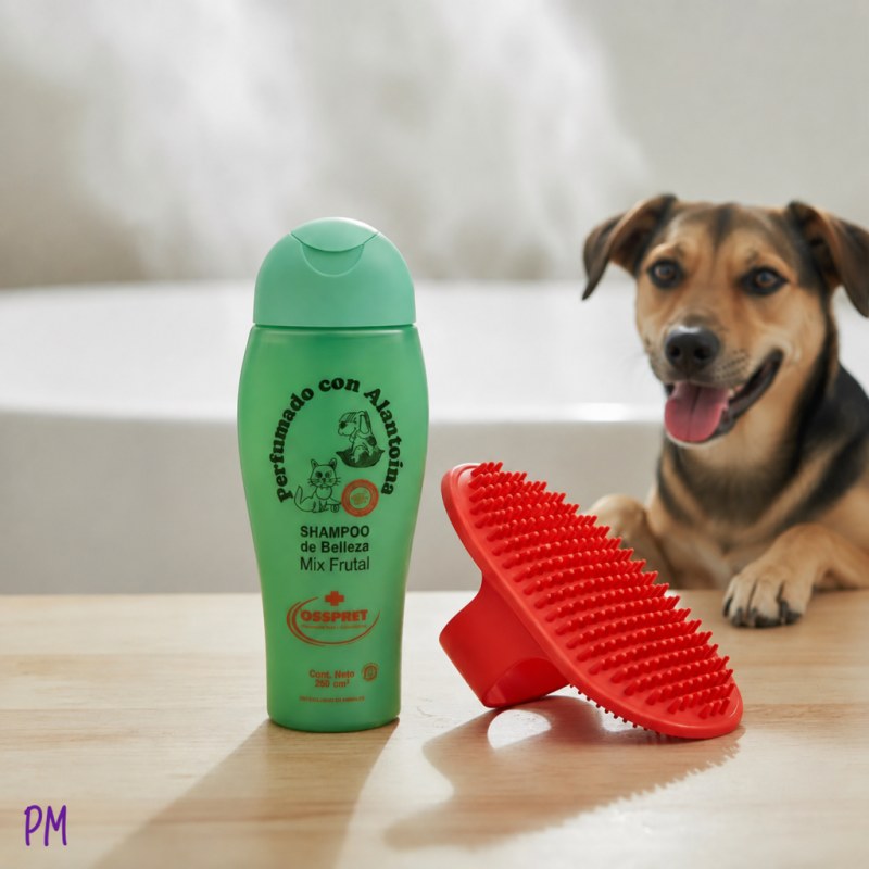 Shampoo Osspret Mix frutal + Rasqueta para animales de pelo corto