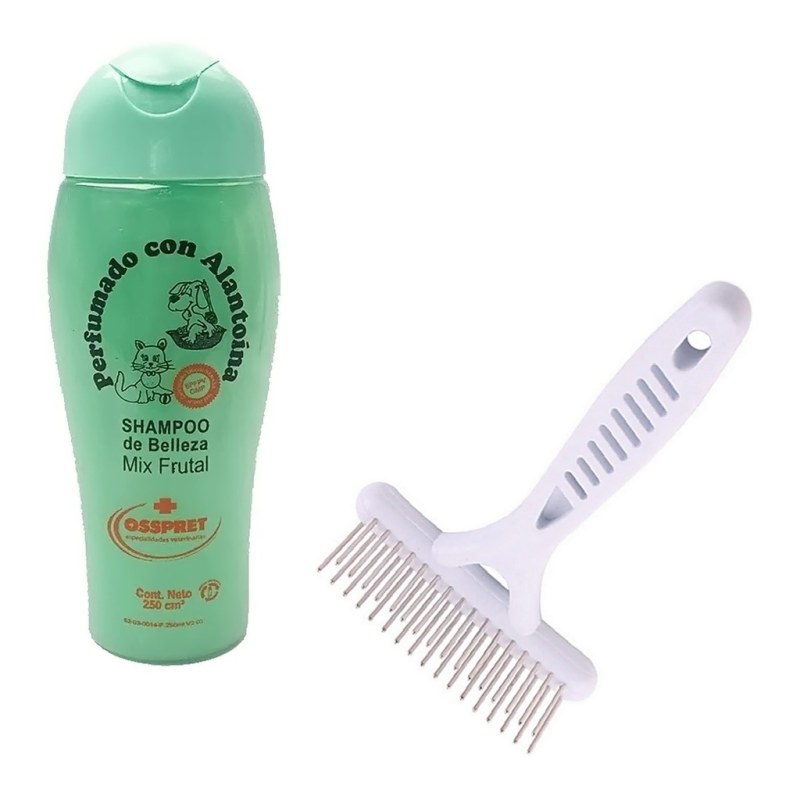 Shampoo Osspret Mix frutal + rastrillo para animales de pelo largo