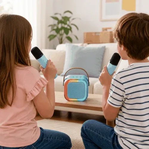 Parlante Karaoke Bluetooth 2 Microfonos Y Luces Rgb Infantil Celeste - 3