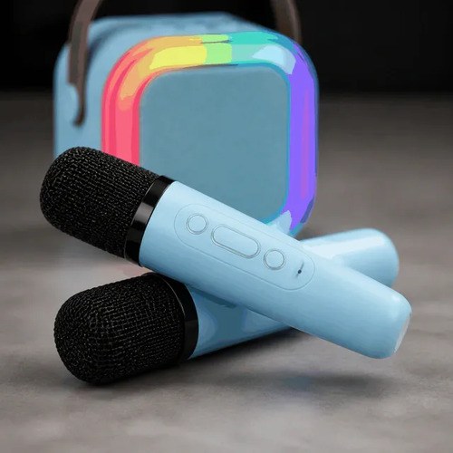 Parlante Karaoke Bluetooth 2 Microfonos Y Luces Rgb Infantil Celeste - 4