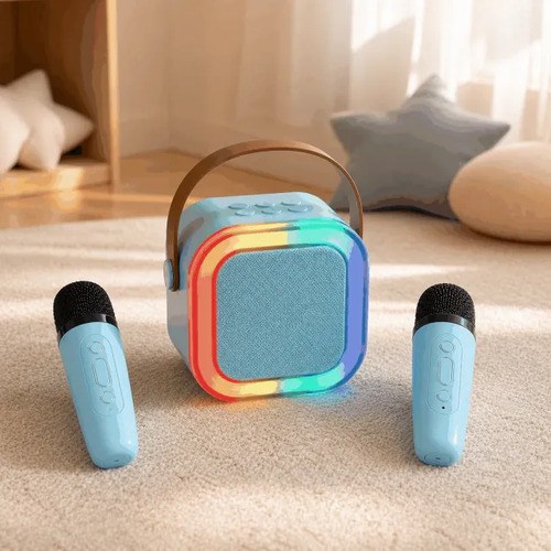 Parlante Karaoke Bluetooth 2 Microfonos Y Luces Rgb Infantil Celeste - 5