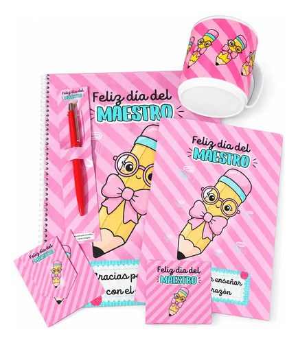Kit Regalo Día Del Maestro Cuaderno Lapicera Anotador Rosa